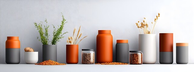 Poster - A minimalist and harmonious arrangement of ceramic vases and containers overflowing with an array of dried beans lentils and whole grains set against a stark white backdrop with clean