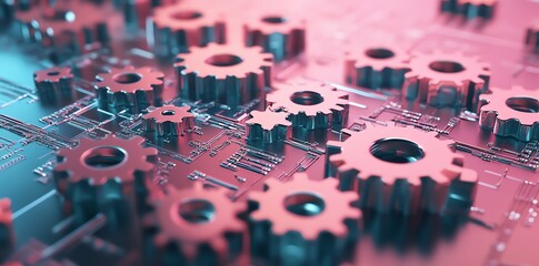 Poster - Metallic Gears on Circuit Board: A Futuristic Pink and Blue Tech Design