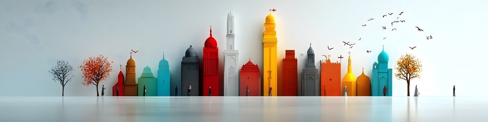 Poster - a vibrant and abstract digital depicting a futuristic cityscape with various skyscrapers and archite