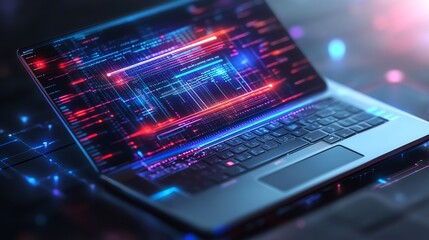 Poster - Laptop Screen Displaying Glowing Neon Code: A Cyberpunk Digital Art