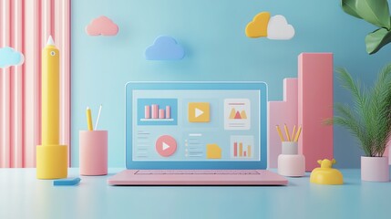 Poster - Pastel Laptop Workspace: A Playful and Minimalist Digital Scene