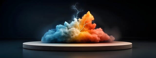 Poster - A vivid abstract visualization depicting the frequency content of a thunderstorm s lightning strikes captured in a dynamic multicolored explosion on a minimalist platform