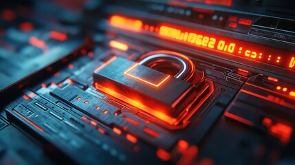 Poster - Cybersecurity Lock: Glowing Padlock on Futuristic Circuit Board