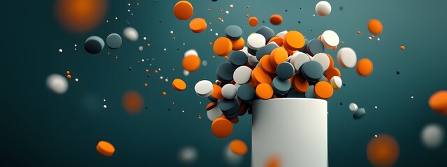 Poster - An abstract digital depicting the dynamic and scattered pattern of spherical particles representing the frequency distribution of academic publications within a specific field of study