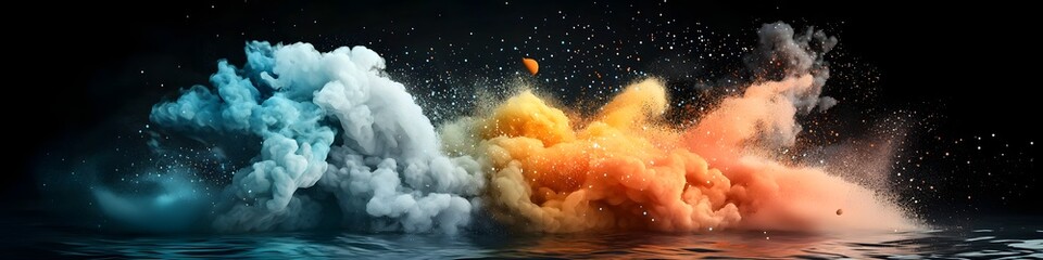 Poster - An abstract surreal depiction of an explosive burst of vibrant colors smoke and particles against a dark mysterious space like backdrop evoking a sense of raw power energy