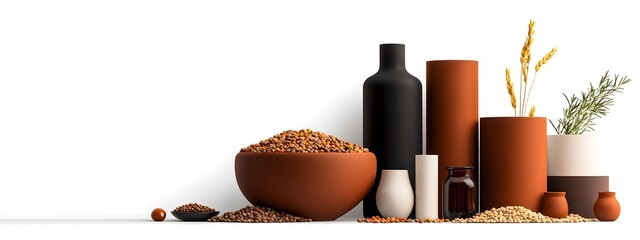 Poster - An arrangement of earthy toned ceramic bowls and containers overflowing with an array of beans lentils and whole grains captured in a minimalist white on white setting with a refined