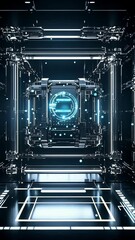Poster - Futuristic digital environment with glowing elements and intricate structures in a dark setting