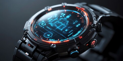 Poster - Futuristic Smartwatch: Sleek Black Design with Vibrant Blue Digital Display