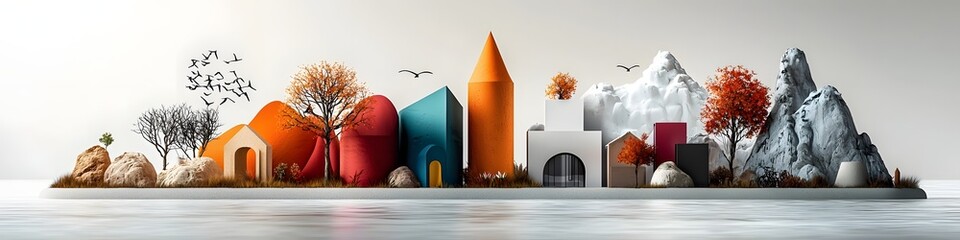 Poster - an imaginative and abstract representation of the varied architectural forms and elements commonly f