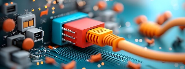 Poster - An intricate digital landscape of circuit boards cables and networking hardware showcasing the futuristic and high tech world of modern technology