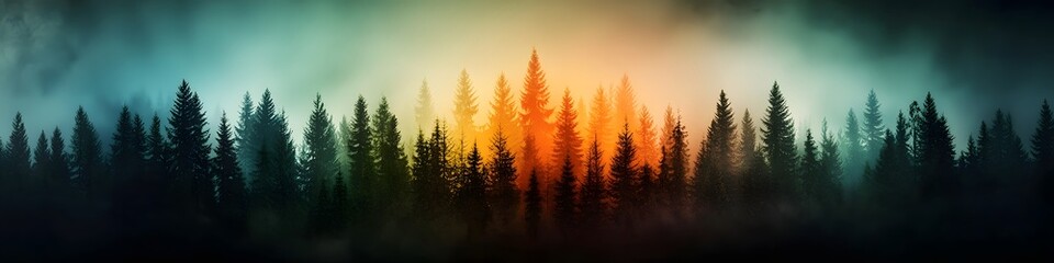 Poster - Breathtaking panoramic view of a serene forest landscape bathed in the warm ethereal glow of a vibrant sunset with mist and fog adding a captivating atmospheric