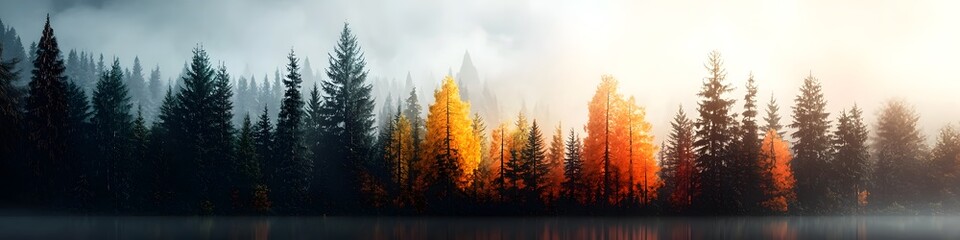 Poster - Panoramic view of a picturesque autumnal forest scene with misty atmospheric lighting and a serene lake or pond reflecting the vibrant foliage and sky