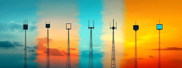 Poster - Silhouettes of wireless communication towers and antennas against a vibrant colorful sunset sky