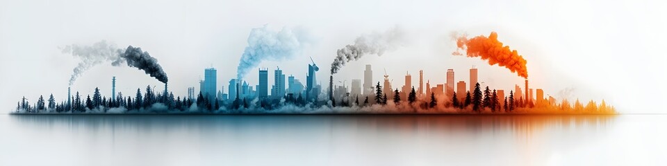 Poster - This digital depicts a cityscape silhouette with varying levels of pollution represented by the changing colors and density of the skyline