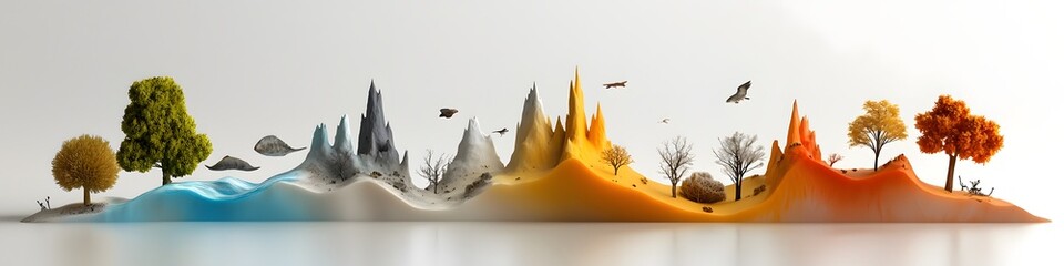 Poster - This visually striking image depicts a conceptual landscape that represents the complex dynamics of species extinction rates across various ecosystems  The layered surreal composition of mountains