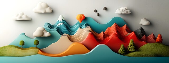 Poster - Vibrant digital artwork depicting an abstract layered landscape with stylized mountains hills and valleys representing the frequency of different geological formations
