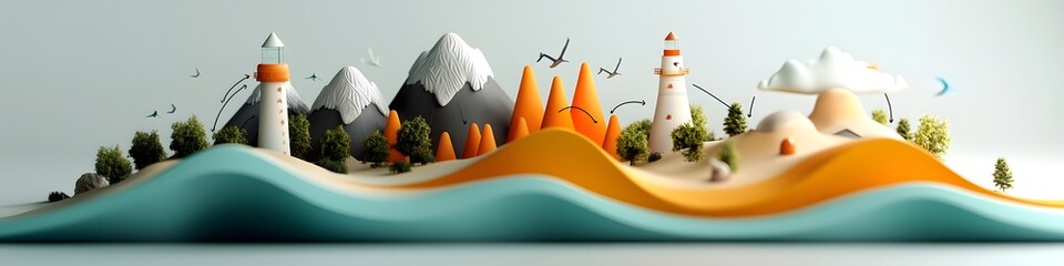 Poster - Whimsical and dreamlike depicting an imaginary landscape with rolling hills towering mountains lighthouses and crashing waves against a vibrant textured background
