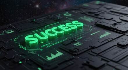 Poster - Glowing Green Success Word on Futuristic Circuit Board Technology Background
