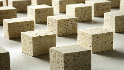Poster - Patterns of geometric blocks arranged on a surface creating an abstract design in neutral tones