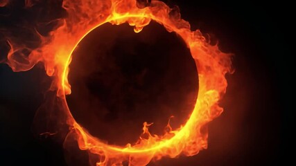 Poster - glowing circular flame ring against dark background, bright fire display with intense heat visual, f