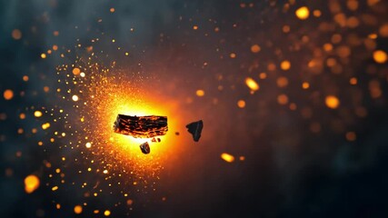 Poster - abstract fiery explosion with glowing embers and scattered debris against dark background creating a