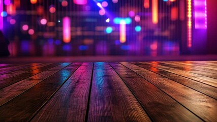 Poster - Vibrant Colorful Abstract Background with Bright Neon Lights and Wooden Floor Creating a Dynamic Atmosphere for Events and Celebrations