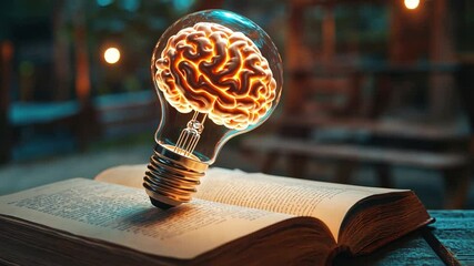 Poster - Light Bulb with Glowing Brain Inside Symbolizing Creativity, Innovation, and Knowledge Resting on Open Book in Cozy Library Setting