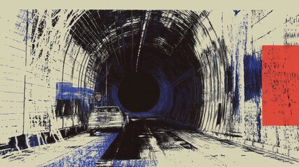 Sticker - Car entering tunnel with dark shadows and abstract shapes
