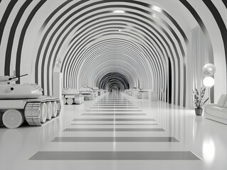 Poster - Military Tank in a Black and White Striped Tunnel Interior