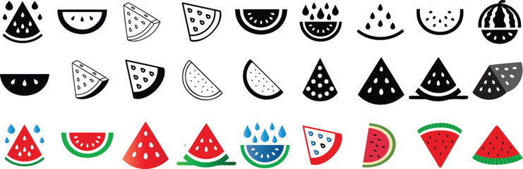 Wall Mural - Watermelon icon set, black and colorful watermelon silhouette featuring slices, droplets, and abstract designs. Perfect melon vector for summer, food related graphics, and fresh fruit illustrations