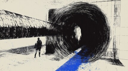 Sticker - A lone figure stands before a vortex like tunnel entrance