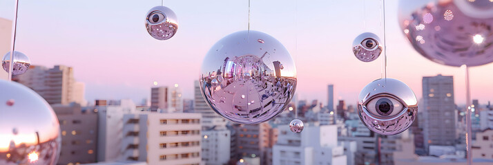 Poster - Pink Pastel Cityscape with Hanging Reflective Spheres at Sunset