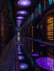 Poster - Night City Alley with Water Reflections and Purple Lights