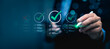 © Sutthiphong - Business Professional Using Digital Pen to Mark Checklists on a Virtual Screen with Green Checkmarks, Demonstrating Task Management, Quality Assurance, Project Planning, Successful Goal Achievement