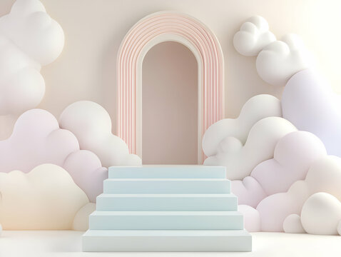 Pastel Cloudscape with Archway and Light Blue Steps