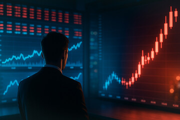 Poster - Financial Insight: A silhouette of a businessman intently studies the intricate patterns of the stock market on large, glowing screens, symbolizing the dynamic world of finance and investment.