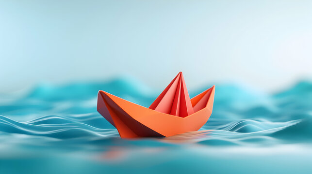 Single Orange Paper Boat on Calm Blue Water