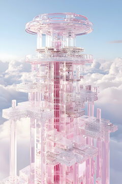 Pink Crystal Tower Among Clouds
