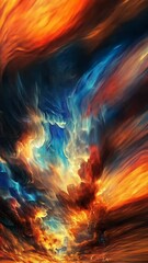 Poster - Vibrant colors swirl in a dramatic cosmic landscape of orange, blue, and black hues at twilight in an abstract composition