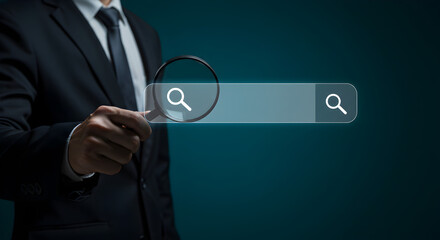 Poster - Man Holding Magnifying Glass Over Search Bar In Modern Dark Blue Studio Background