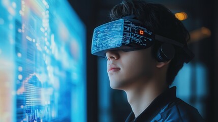 coder managing cybersecurity infrastructure through AR displays, coding encryption layers and firewall protections