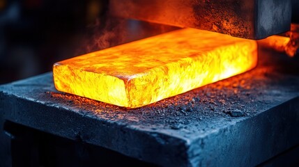 Poster - blacksmith molds a glowing piece of metal over the anvil, shaping it with focused determination under the hot glow of the forge