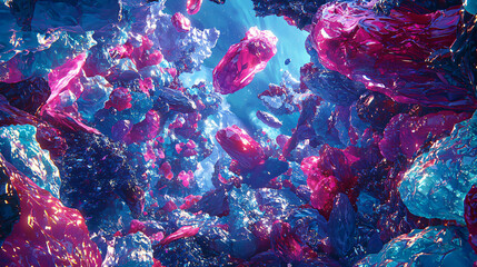 Poster - Beautiful collection of pink and blue crystals captured in a stunning artwork showcasing cosmic space-time continuum and cinematic lighting effects.