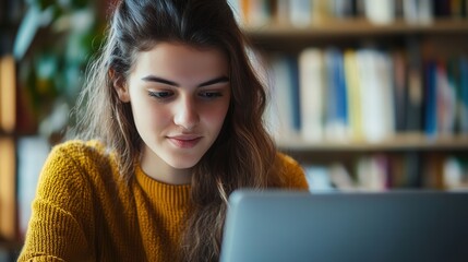 Poster - female student attending an online workshop, actively participating in discussions and gaining new knowledge.