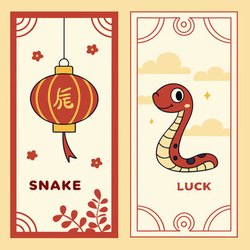 Chinese New Year 2025 designs set with cute snake, chinese zodiac symbol of lunar new year. Cartoon art for greeting card, banner, poster, cover. Hieroglyph mean Snake, Luck. Vector illustration