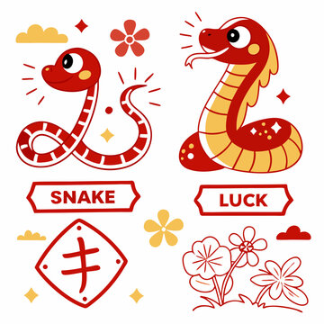 Chinese New Year 2025 designs set with cute snake, chinese zodiac symbol of lunar new year. Cartoon art for greeting card, banner, poster, cover. Hieroglyph mean Snake, Luck. Vector illustration