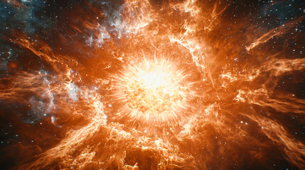 Poster - Massive cosmic supernova explosion illuminating the dark space with fiery blasts and dramatic cinematic lighting effects.