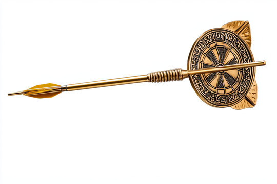 Golden arrow aim to dartboard target or goal of success isolated on white background