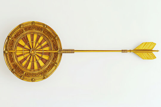 Golden arrow aim to dartboard target or goal of success isolated on white background