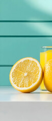 Poster - Sliced Lemon and Glass of Orange Juice on Teal Background